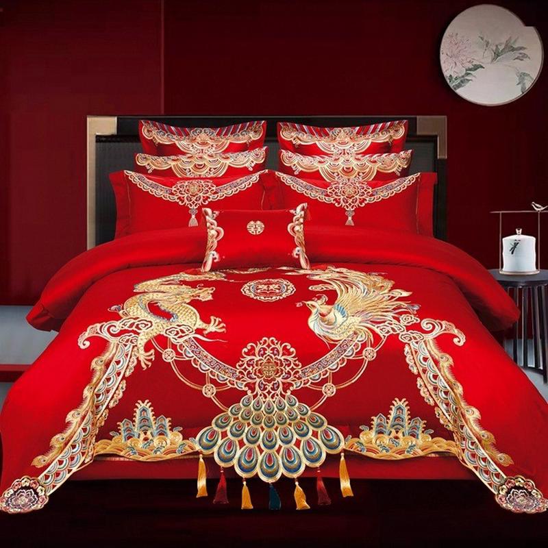 婚庆四件套大红龙凤刺绣床上用品六八十件结婚喜床单被罩陪嫁新婚