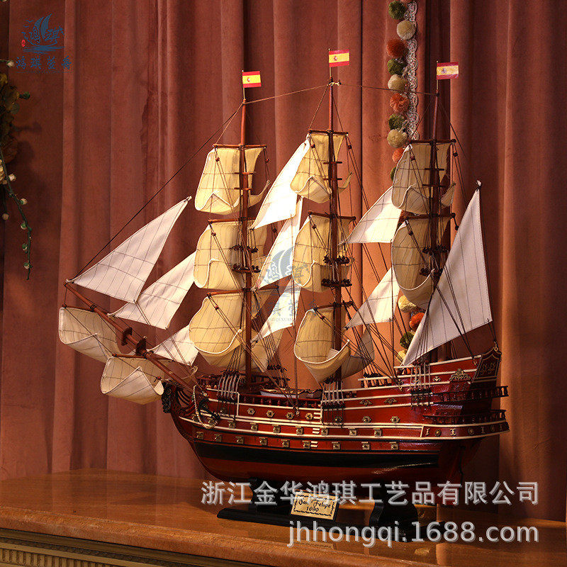 热销批发圣客厅实木帆船模型摆件玄关家居菲利普胜利号工艺船装饰图片