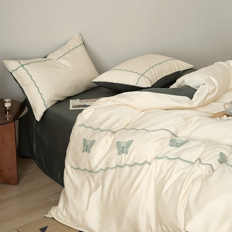 nn0i精致刺绣法式轻奢床单60支天丝四件套凉爽三件套蝴蝶床笠冰丝