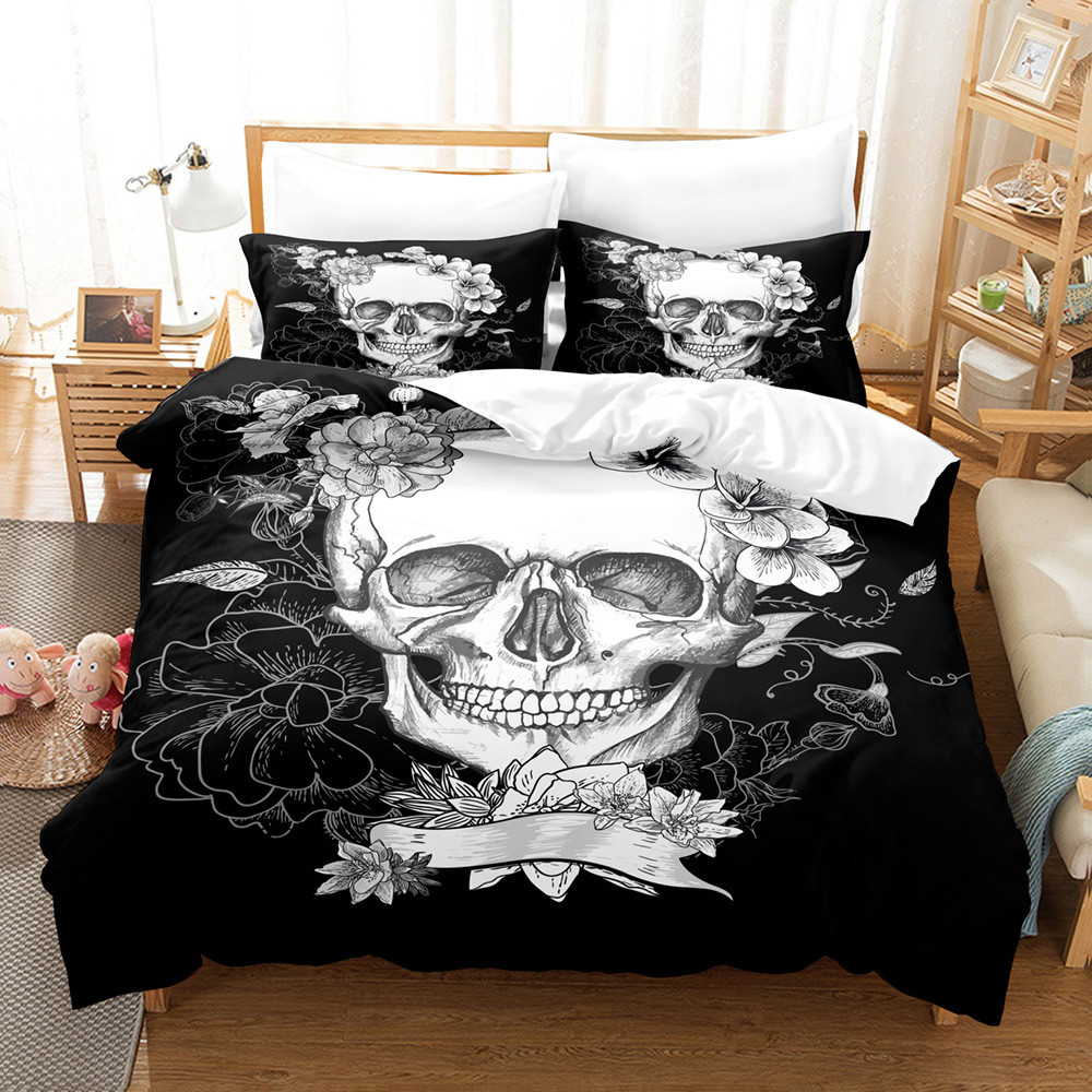 哥特床上用品骷髅女人玫瑰三件套数码印花风外贸三件套