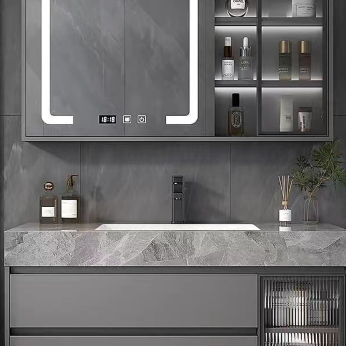 现代岩板无缝一体智能浴室柜组合免漆实木卫生间套装洗漱台洗脸台