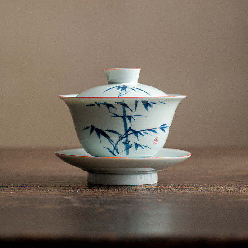 仿古青花瓷釉下手绘竹子三才盖碗大号不烫手高档实用茶碗功夫茶具,餐饮具,茶杯,淘宝优惠券,粉丝福利购,淘宝优惠卷