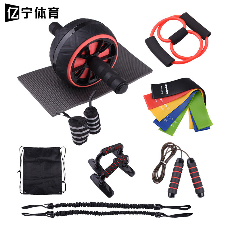 健腹轮钢丝俯卧撑支架套装跳绳乳胶阻力带护腕拉力绳单轮腹肌轮