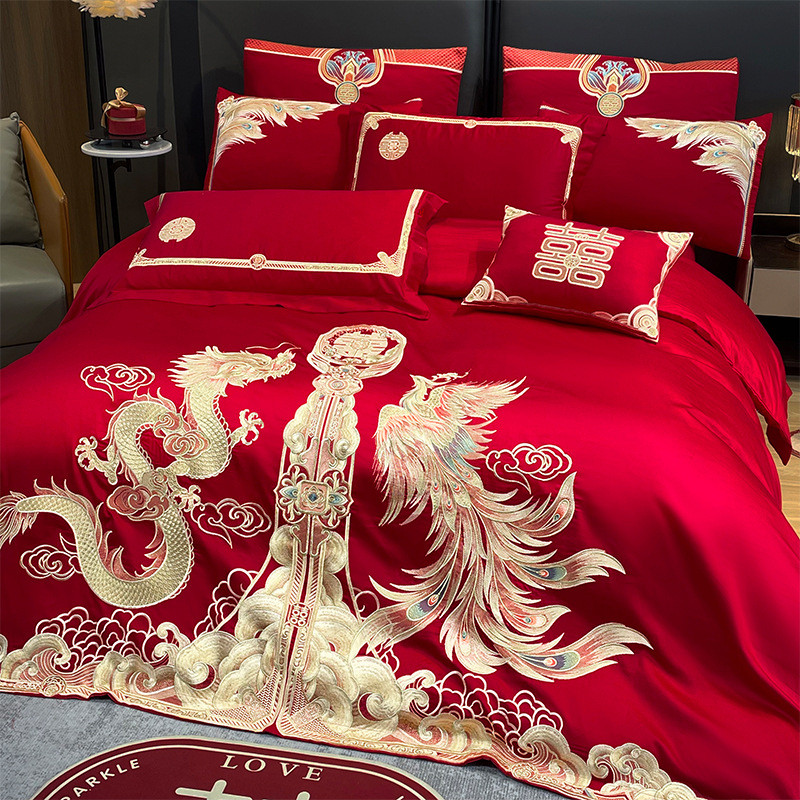 百子龙凤刺绣新婚结婚喜庆套件床上用品被套婚庆四件套大红床品