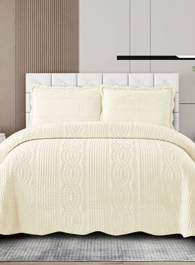 绒布绣花素色绗缝刺绣三件套稻穗花型保暖双面被夹棉床盖