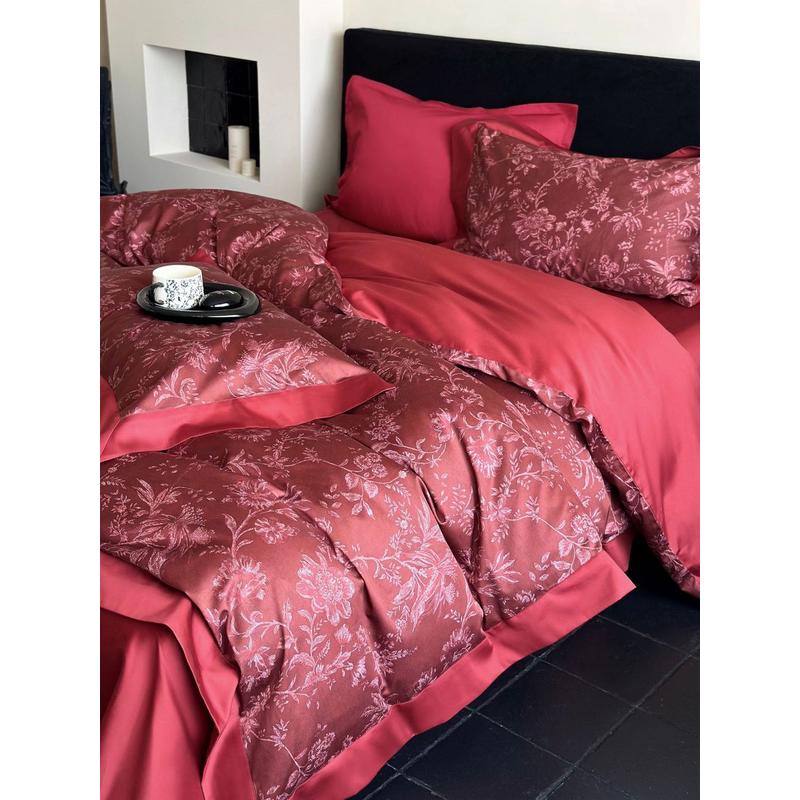 轻奢提花结婚四件套高端全棉大红色喜庆婚房婚嫁婚房被套床上用品