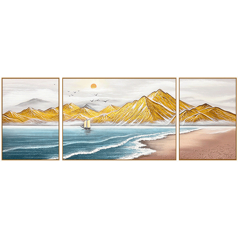 2024新款客厅沙发背景墙装饰画现代简约三拼日照肌理立体金山油画