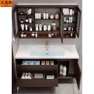 橡木简约现代新中式智能浴室柜组合烤漆实木洗手间壁挂式挂墙落地