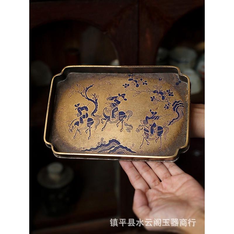 手工漆绘壶承宋式黄铜托盘铜器垫壶铜盘茶盘干泡台雕刻茶盘样板间