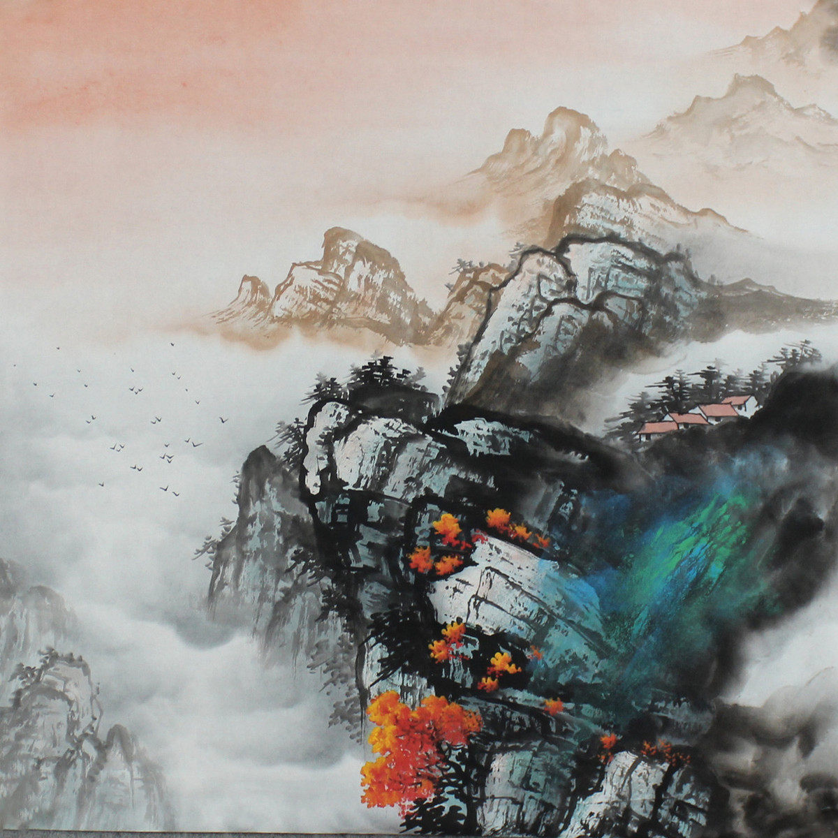 纯手绘国画手工画四尺斗方山水画泼彩卧室客厅书房背景挂画