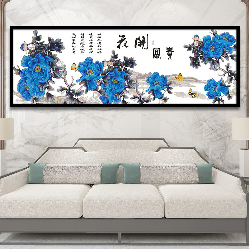 新款十字绣客厅大幅牡丹挂画花开富贵蓝牡丹诗文版材料代发