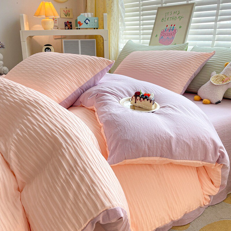 新款水洗棉泡泡纱四件套韩版纯色双拼色床笠床单被套款宿舍三件套