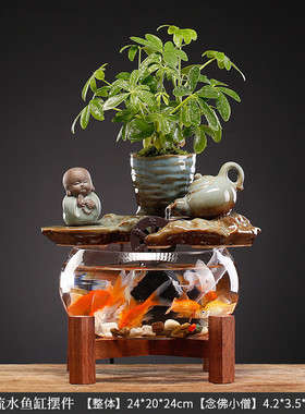 新中式流水玻璃鱼缸茶桌小型桌面客厅摆件办公室装饰品循环水景观