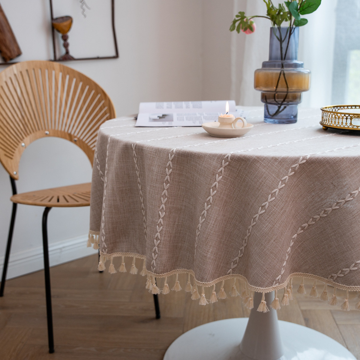 户外聚会欧美厂家大圆形台布圆餐桌罩桌垫桌布艺盖布棉麻流苏盖巾