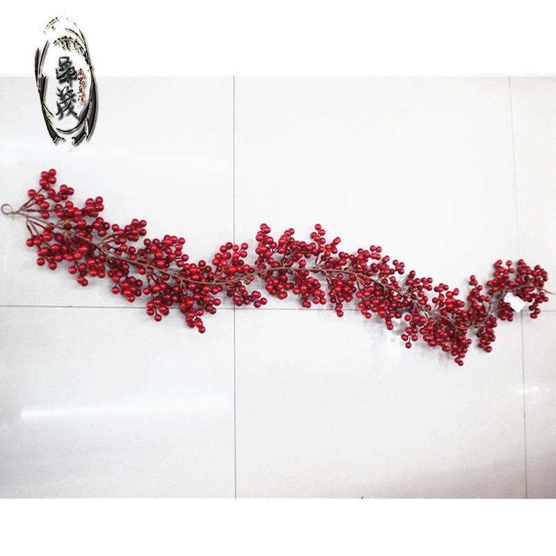 140cm圣诞装饰红果藤条七7叉头果串圣诞节泡沫圣诞树防水商场仿真