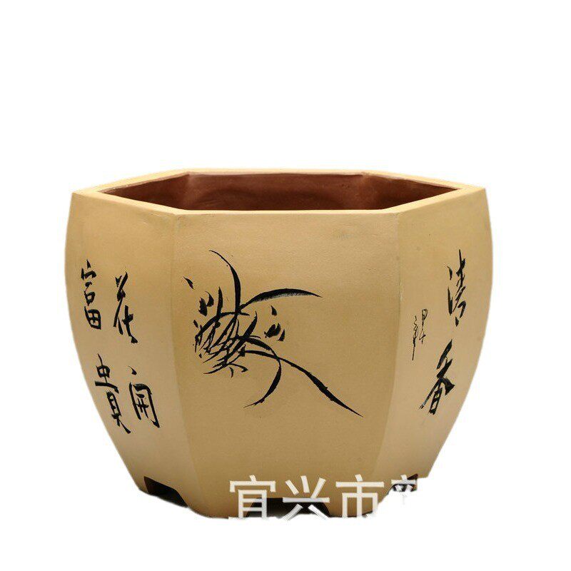 现货特大号兰紫砂花盆植物陶盆花卉菖蒲六方宜兴古典园艺盆景