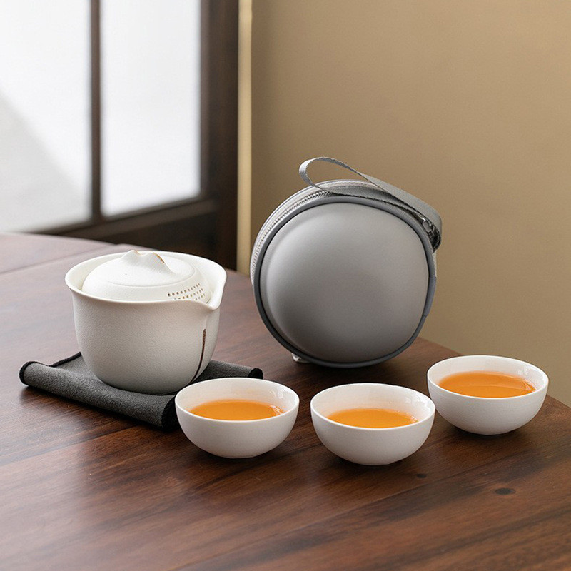 陶瓷旅行茶具小套装便携式快客杯一壶三杯户外喝茶随身包现货logo