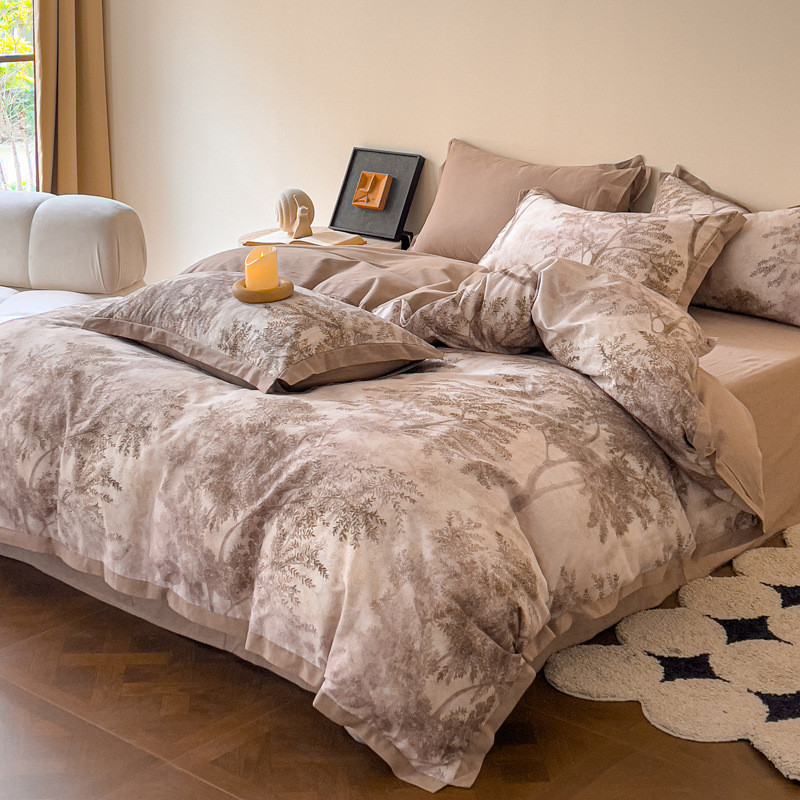 印花美式轻奢100支长绒棉高端磨毛四件套全棉被套床上用品秋冬