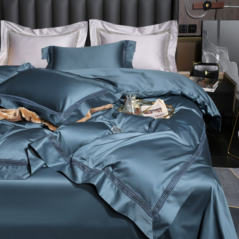 140s全棉长绒棉四件套美式简约被子纯色镂空床棉被套品1.8m床笠