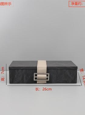 现代简约高级感卧室木质皮革相框收纳盒装饰摆件客厅几何家居饰品