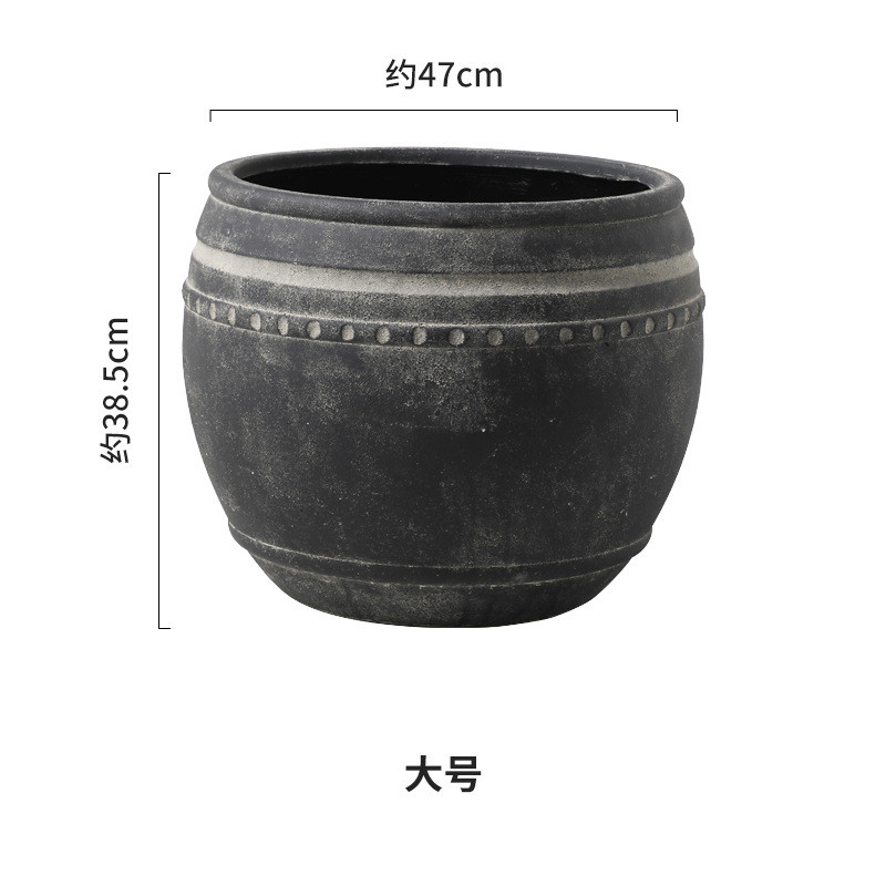 复古做旧黑色镁罐仿古泥花盆大号口径落地绿植橡皮树尤加利侘寂风