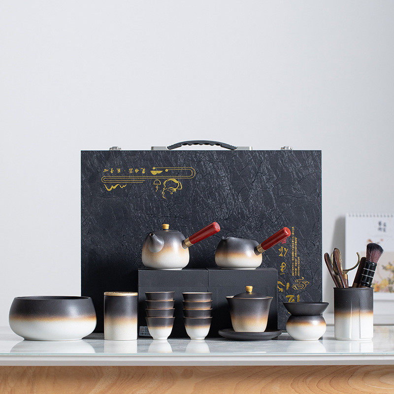 黑陶功夫茶具套装禅日式家用办公茶具粗陶风盖碗侧把茶壶茶杯茶道