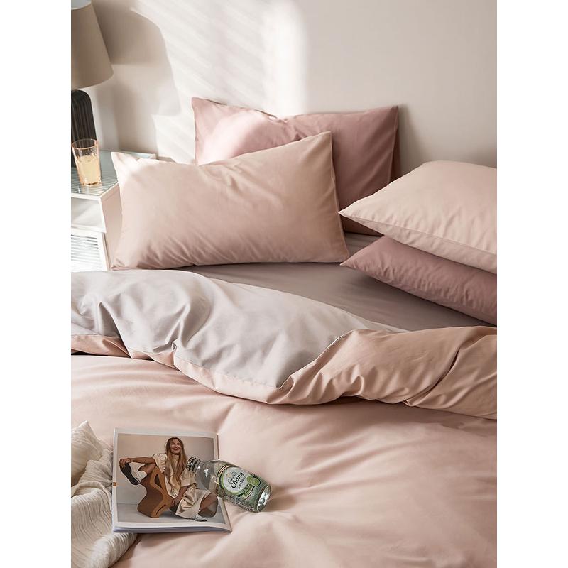 nn0i简约纯色双拼100s双人贡缎四件套套件全棉长绒棉床品三件套