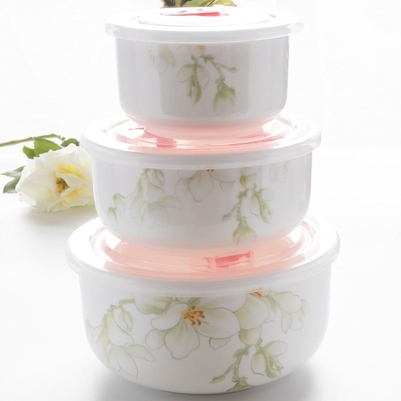 泡面碗密封带盖骨瓷微波炉饭盒三件套家用陶瓷碗泡面碗保鲜碗