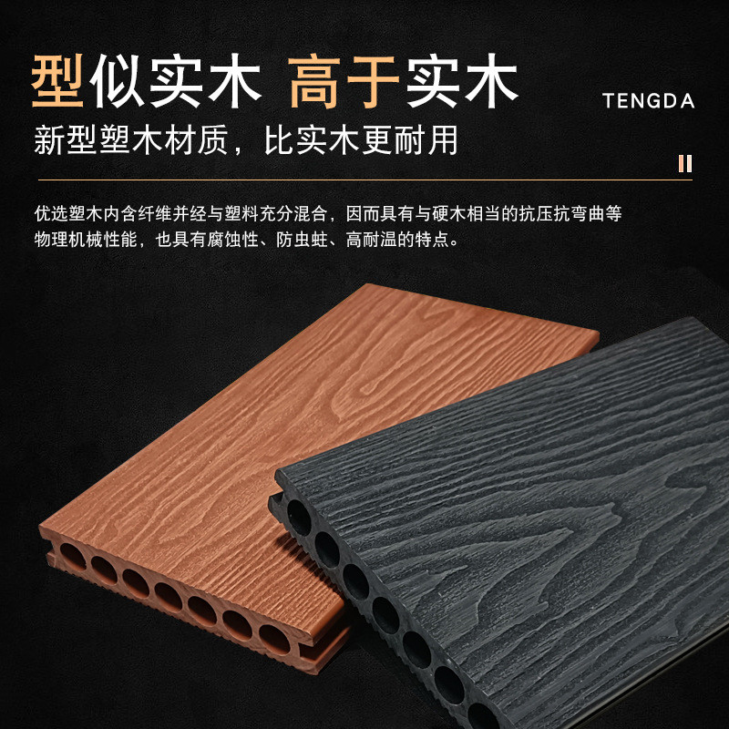 150*23在线压花木纹圆孔塑木地板庭院别墅公园木栈道实心塑木地板