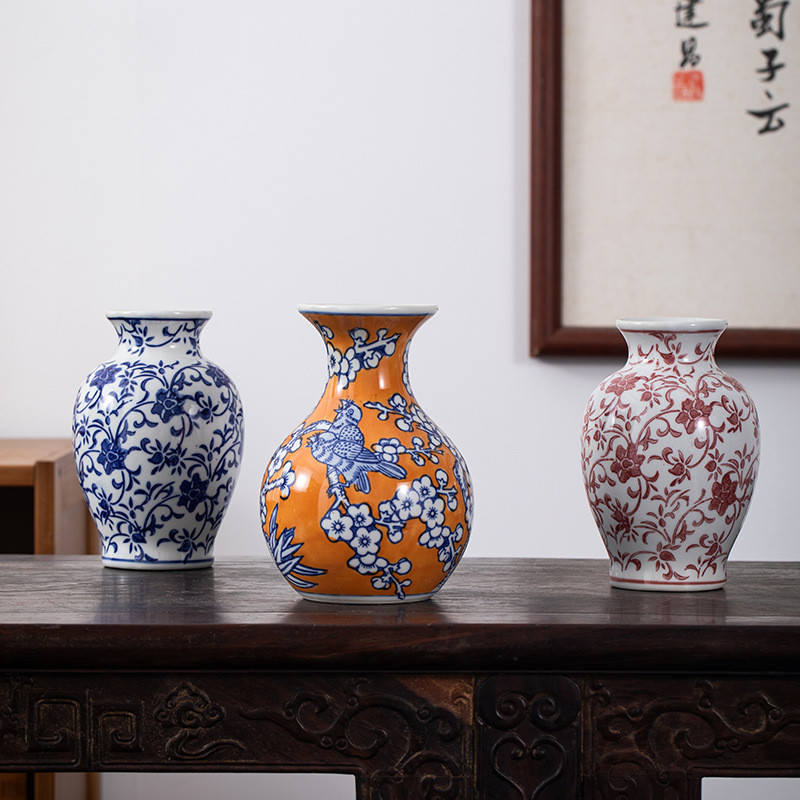 五彩陶瓷花瓶复古欧式陶瓷花瓶桌面陶瓷花器办公桌陶瓷装饰花瓶