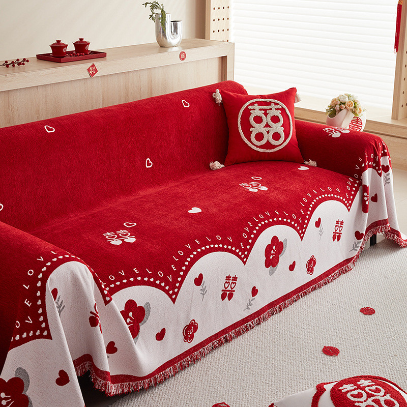 大红色新款婚礼沙发盖布四季通用2024喜庆全包套罩盖巾结婚盖毯