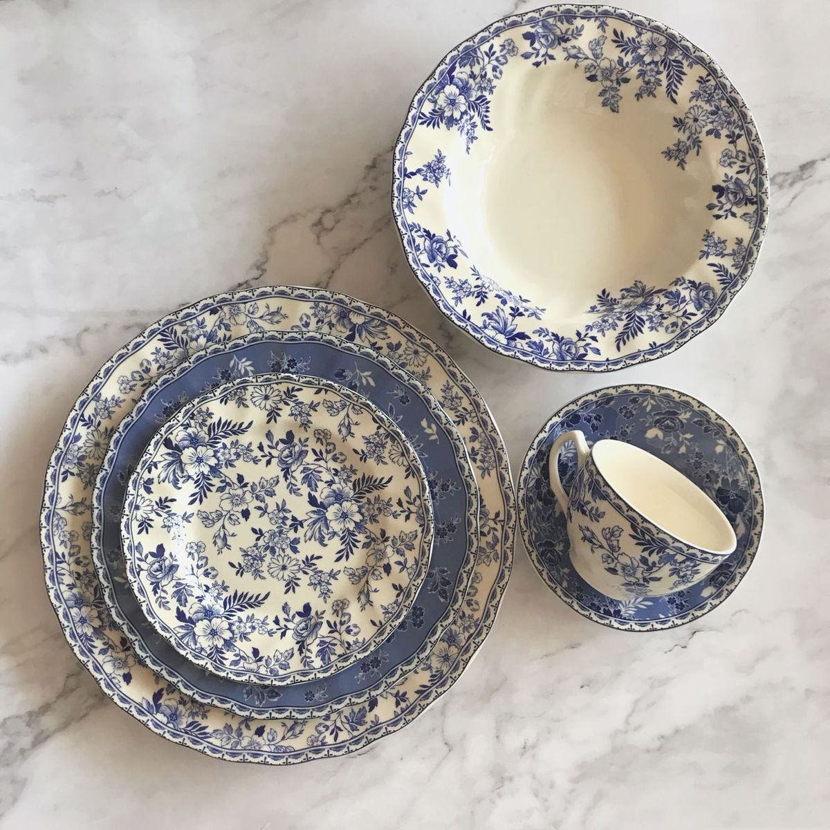 Vintage英式复古青花陶瓷中西式釉下彩牛排盘深盘甜品碗家用餐盘