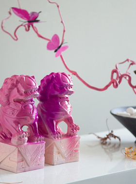 新中式渐变粉色小狮子客厅花艺家居摆件东方美学艺术多巴胺装饰品