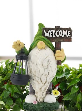 绿色植绒摆件树脂工艺品小矮人太阳能户外花园庭院精灵庭院灯装饰