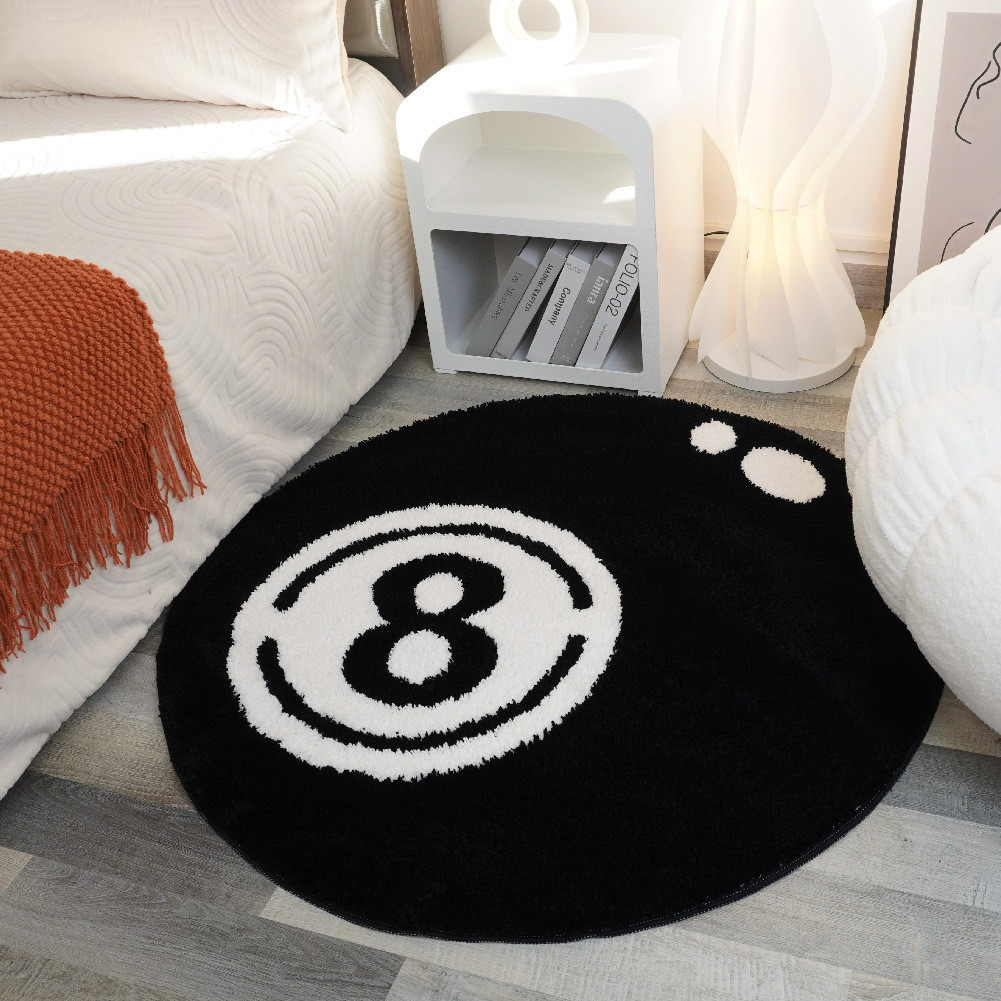 热销跨境植绒黑8圆形地毯加厚簇绒家用毛绒防滑地垫卧室床边客厅