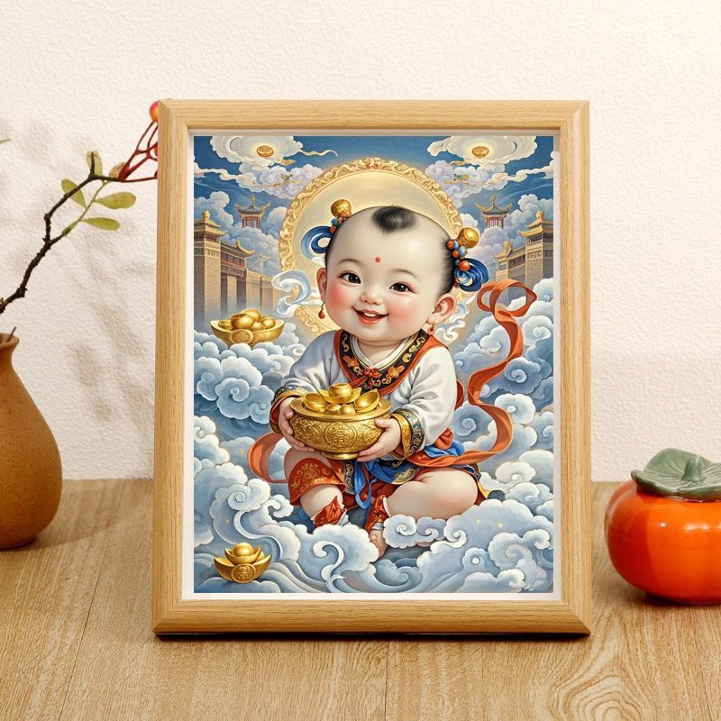 送财童子年画娃娃可爱福娃相框摆台过年画客厅画框书房桌面摆件