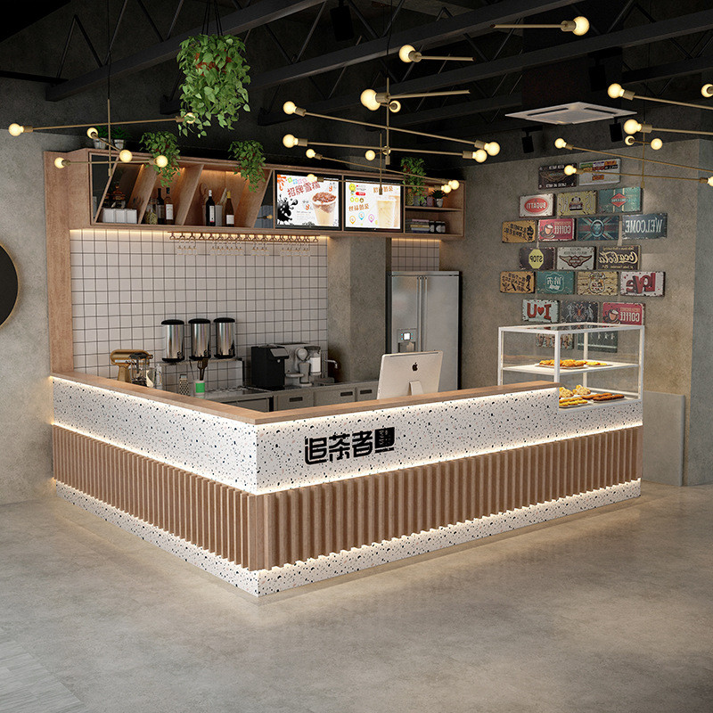 奶茶店吧台收银台实木水吧圆弧转角烘焙店前台吧台酒轻奢甜品店吧