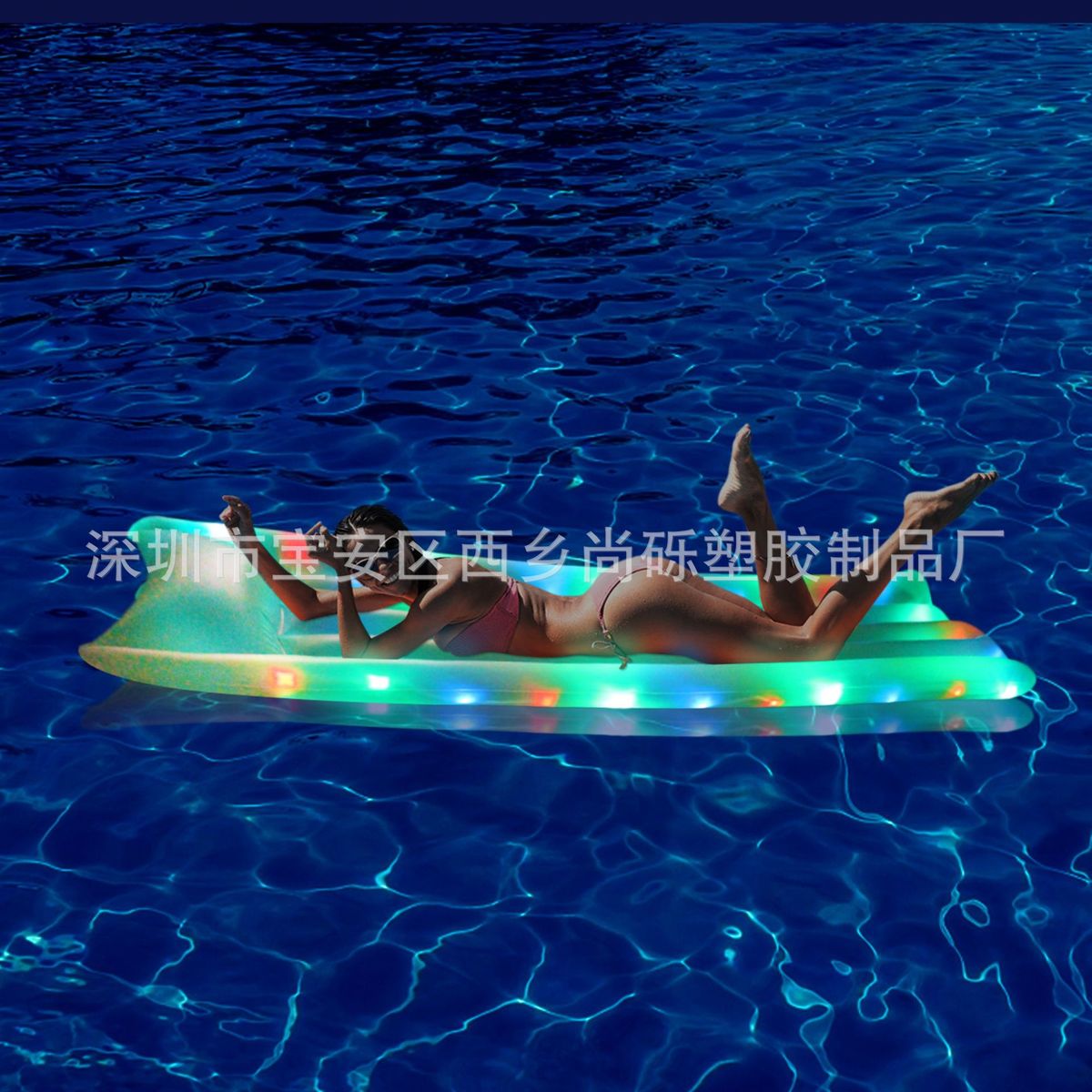 现货加厚透明pvc充气发光浮排led带灯游泳圈带灯水上沙发浮床