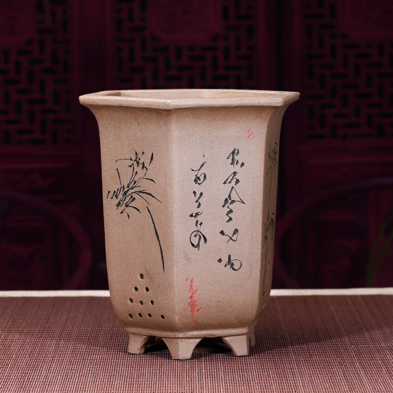 紫砂花盆六角多肉植物君子兰专用四季兰精品兰花盆盆景盆栽批发