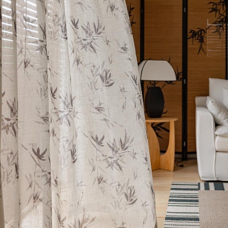 中国风竹叶窗帘纱禅意亚麻现代风仿水墨茶室背景拍照装饰纱帘柯桥