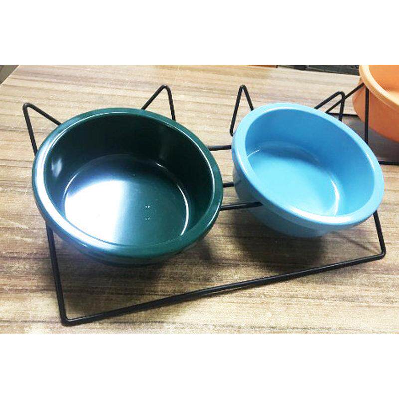 定制打翻卷边猫碗防密胺食盆仿瓷固定狗盆高脚宠物双碗+铁架粮碗