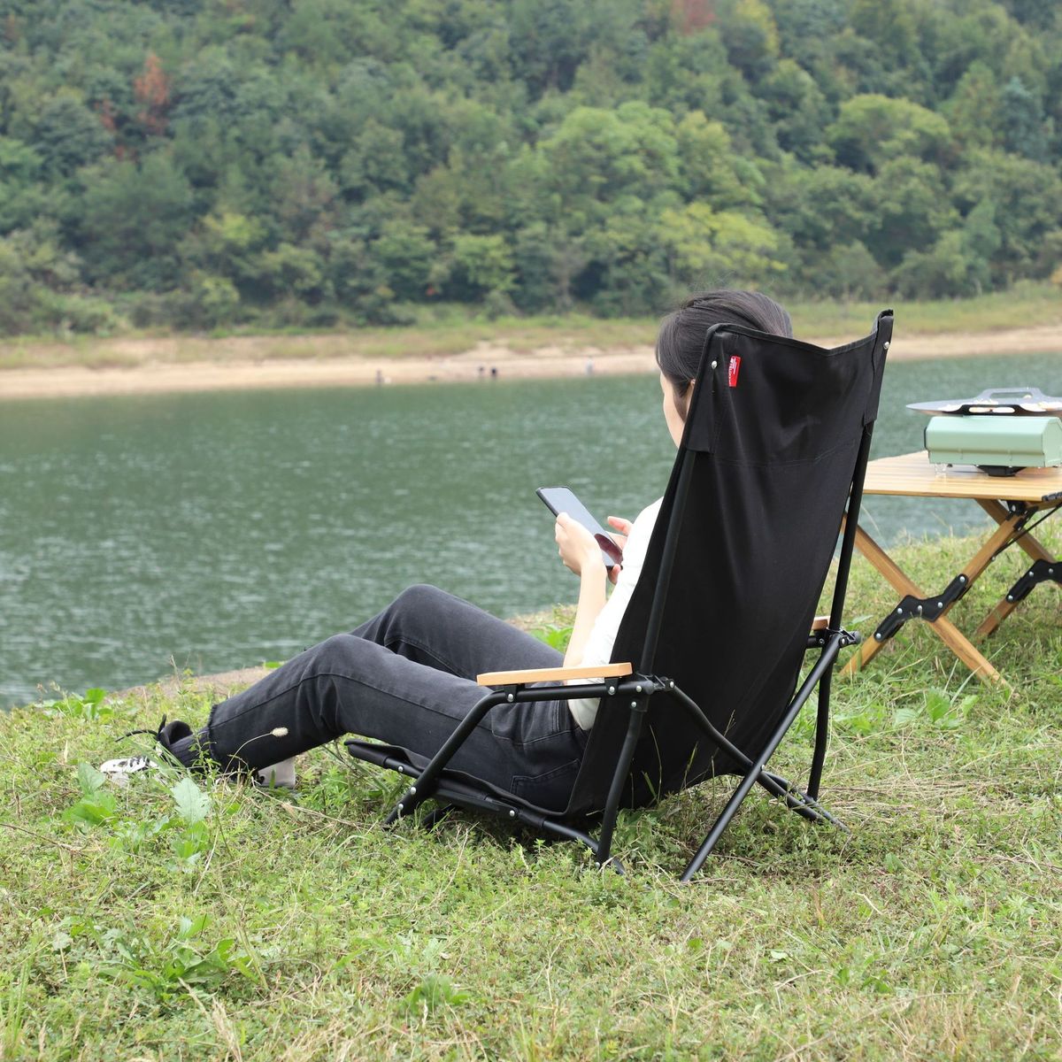 户外可折叠铝合金扶手带躺椅野餐靠背躺椅便携式钓鱼高背休闲椅子