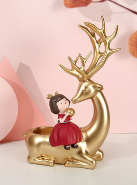 创意礼品ins风鹿女孩树脂工艺品摆件家居装饰收纳鹿摆件厂家直销