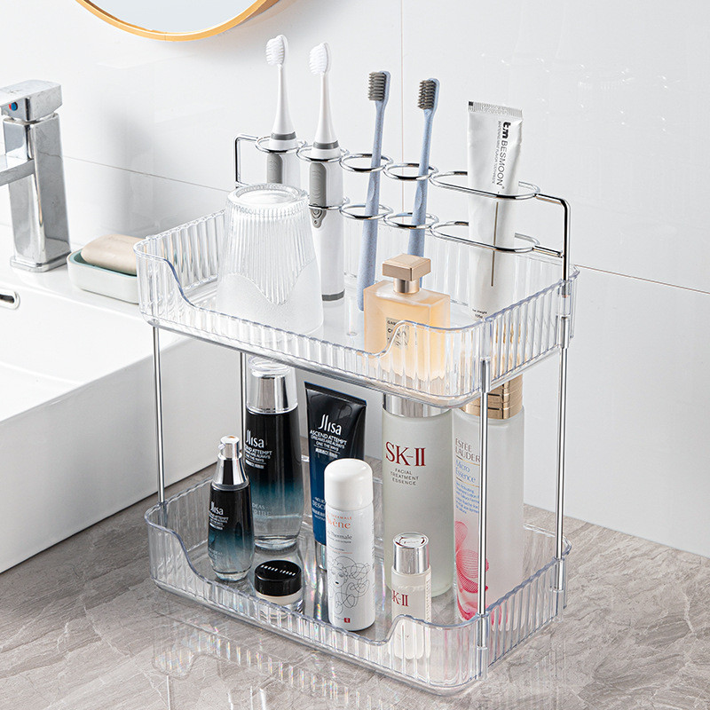 卧室梳妆台化妆刷收纳架卫生间洗漱台牙膏牙刷置物架收纳双层3411