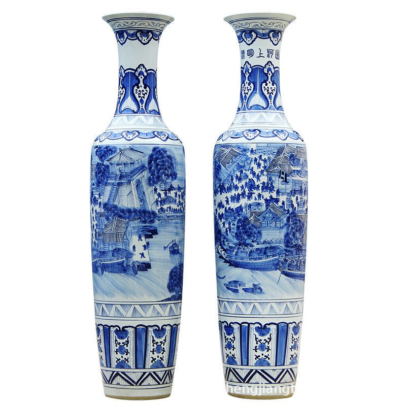景德镇青花瓷陶瓷器落地大瓶子客厅清明上河图创意插花装饰品摆件