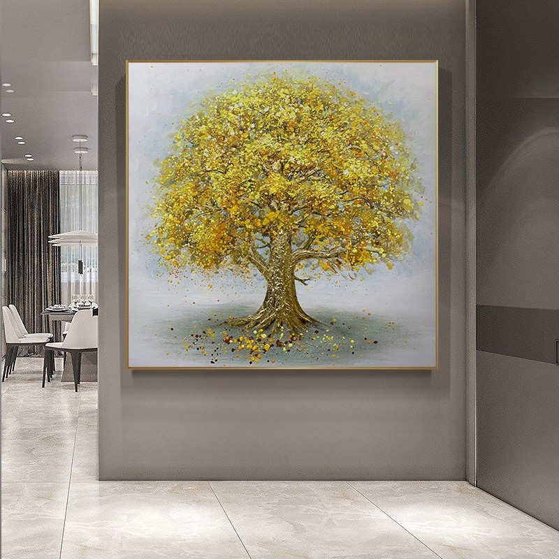 金色发财树客厅装饰画入户过道铝合金有框挂画现代植物方形艺术画图片