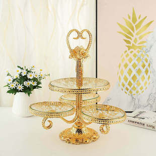 ktv摆台家用客厅茶几欧式装饰创意果盘铁艺金玻璃水果盘四盘手提