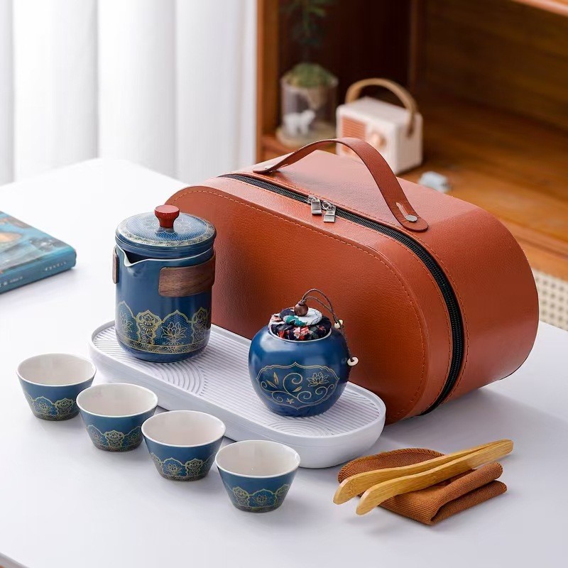 大量批发古韵旅行茶具套装一壶四杯茶具陶瓷茶叶罐茶盘春节礼品配