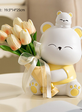 电视柜风网红抱抱熊捧花装饰品摆件办公室轻奢书房摆设树脂工艺品