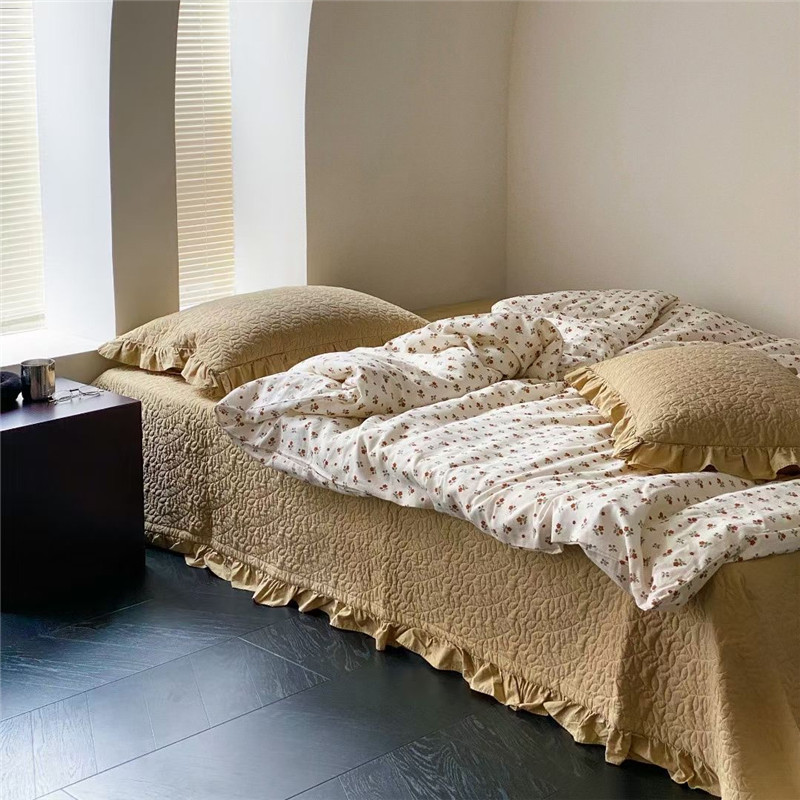 双层纱四件套全棉法式花边高端水洗棉绗缝床盖三件套单独双人被套